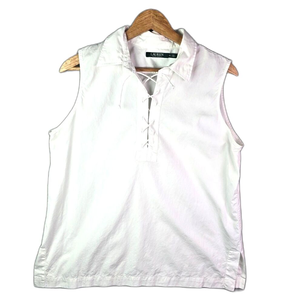 Lauren Ralph Lauren Sleeveless Blouse White XL Lace Up Collar Preppy Cotton